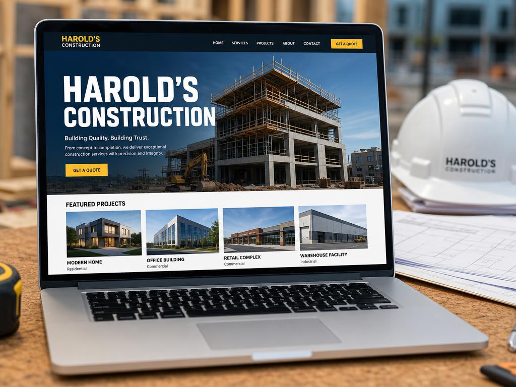 Laptop showing a construction company website concept